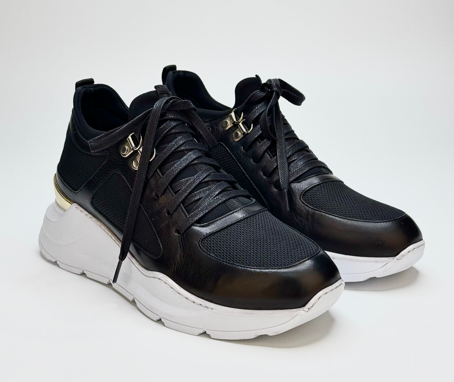 Women's Lace-Up Black Leather Sneakers
